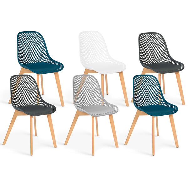 ID MARKET - Lot de 6 chaises MANDY mix color blanc, gris clair, bleu canard x2, gris foncé x2 - large