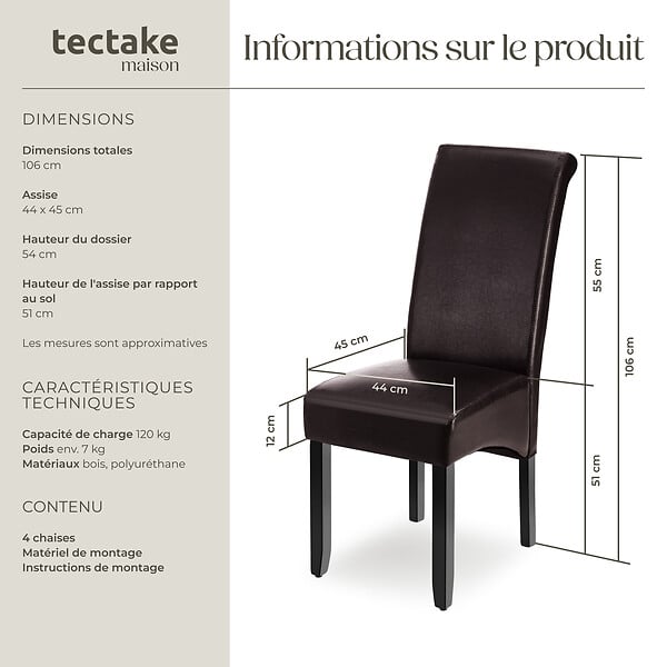 TECTAKE - Ensemble 4 chaises de salle à manger revêtement aspect cuir marron - large