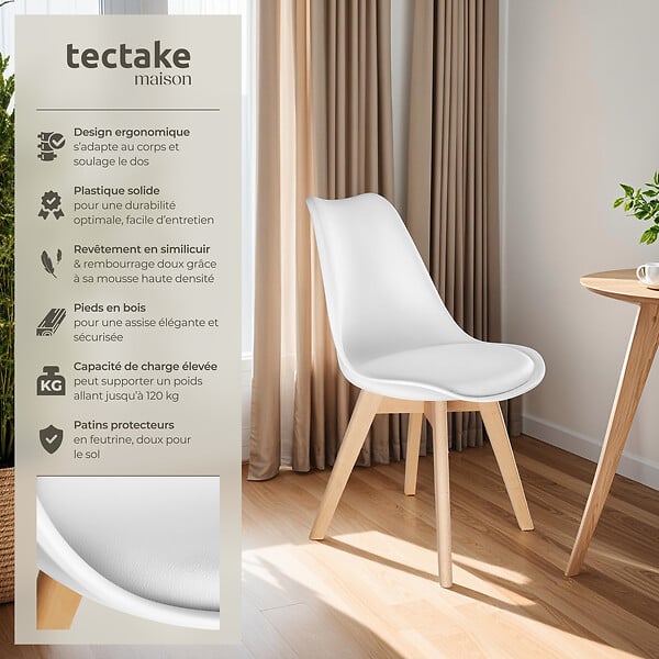 TECTAKE - Lot 6 chaises salle à manger style scandinave forme ergonomique blanc - large