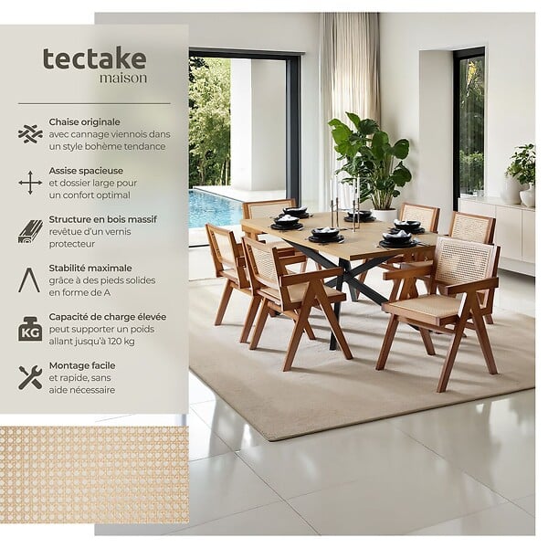 TECTAKE - Chaise de salle à manger cannage viennois style boho chêne foncé - large