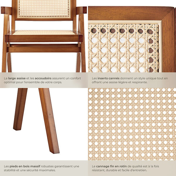 TECTAKE - Chaise de salle à manger cannage viennois style boho chêne foncé - large