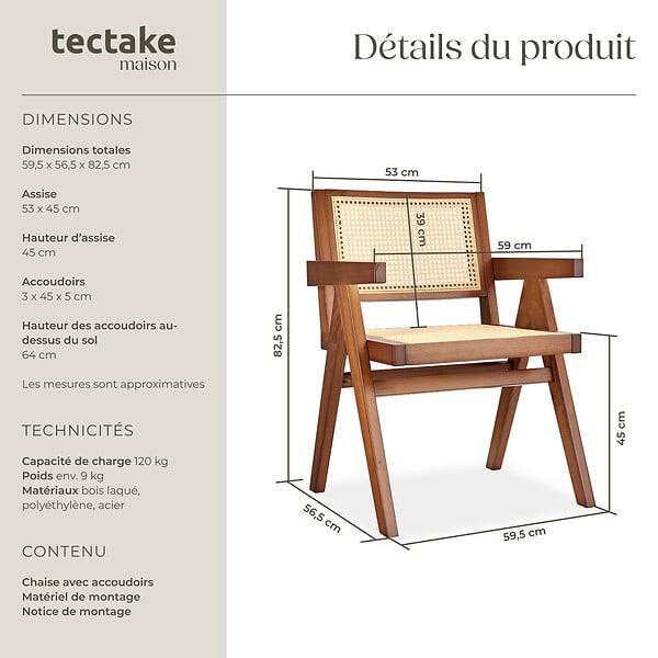 TECTAKE - Chaise de salle à manger cannage viennois style boho chêne foncé - large