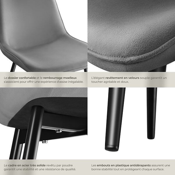 TECTAKE - Lot de 2 chaises Rembourrées aspect velours assise Ergonomique gris - large