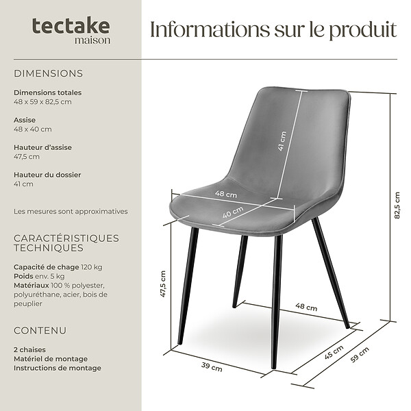 TECTAKE - Lot de 2 chaises Rembourrées aspect velours assise Ergonomique gris - large