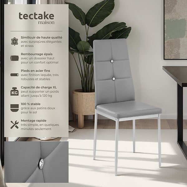 TECTAKE - Lot de 8 chaises avec strass cuir synthétique ergonomique strass gris - large