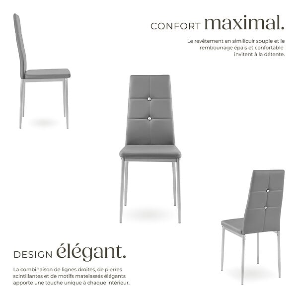TECTAKE - Lot de 8 chaises avec strass cuir synthétique ergonomique strass gris - large