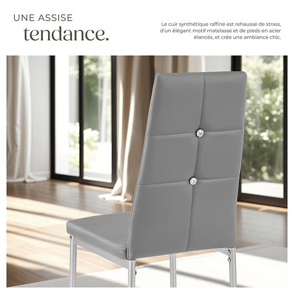 TECTAKE - Lot de 8 chaises avec strass cuir synthétique ergonomique strass gris - large