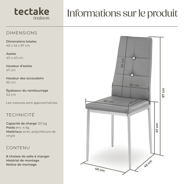 TECTAKE - Lot de 8 chaises avec strass cuir synthétique ergonomique strass gris - large