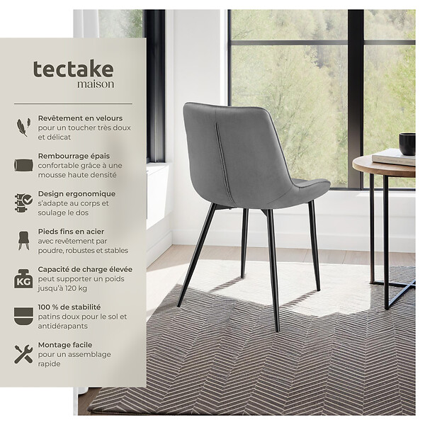 TECTAKE - Lot de 8 chaises rembourées aspect velours ergonomique gris - large
