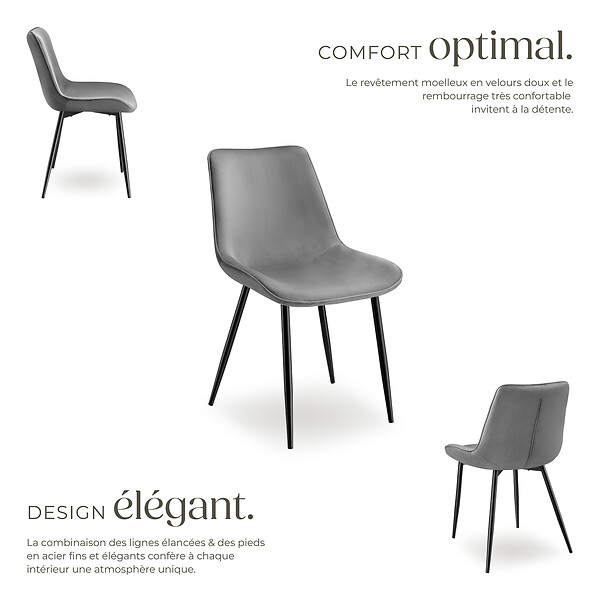 TECTAKE - Lot de 8 chaises rembourées aspect velours ergonomique gris - large