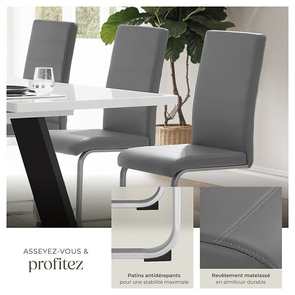 TECTAKE - Ensemble 6 chaises style scandinave rembourrées cuir synthétique gris - large