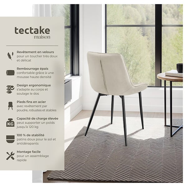 TECTAKE - Lot 4 chaises assise ergonomique rembourrée aspect velours crème - large