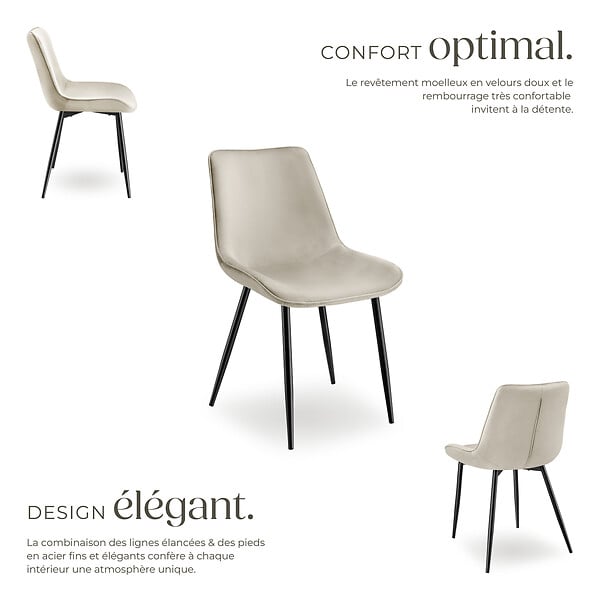 TECTAKE - Lot 4 chaises assise ergonomique rembourrée aspect velours crème - large