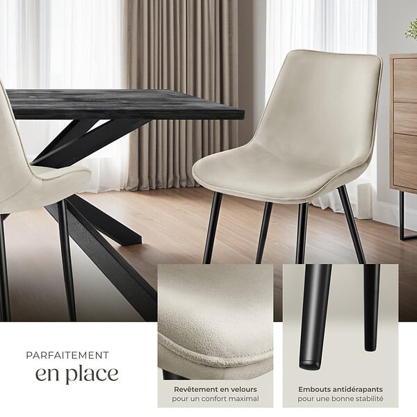TECTAKE - Lot 4 chaises assise ergonomique rembourrée aspect velours crème - large