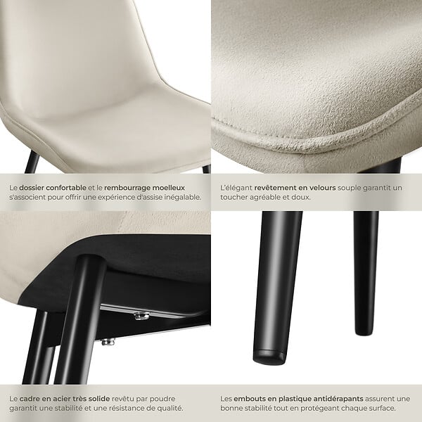 TECTAKE - Lot 4 chaises assise ergonomique rembourrée aspect velours crème - large