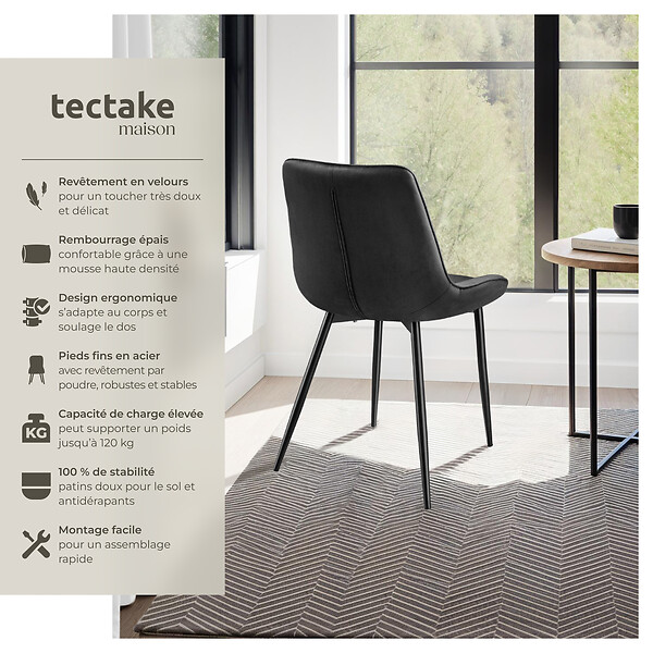 TECTAKE - Lot de 6 chaises Rembourrées aspect velours assise Ergonomique noir - large
