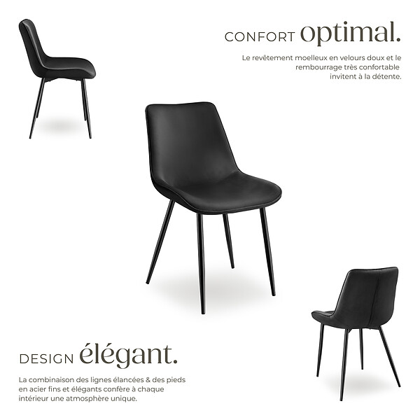 TECTAKE - Lot de 6 chaises Rembourrées aspect velours assise Ergonomique noir - large