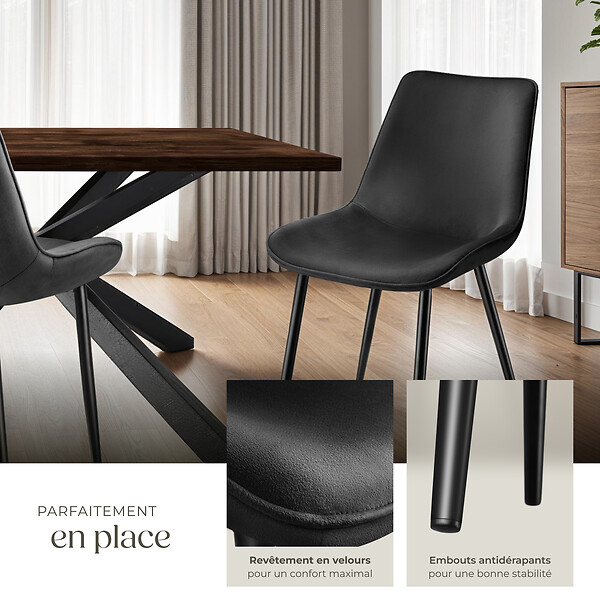 TECTAKE - Lot de 6 chaises Rembourrées aspect velours assise Ergonomique noir - large