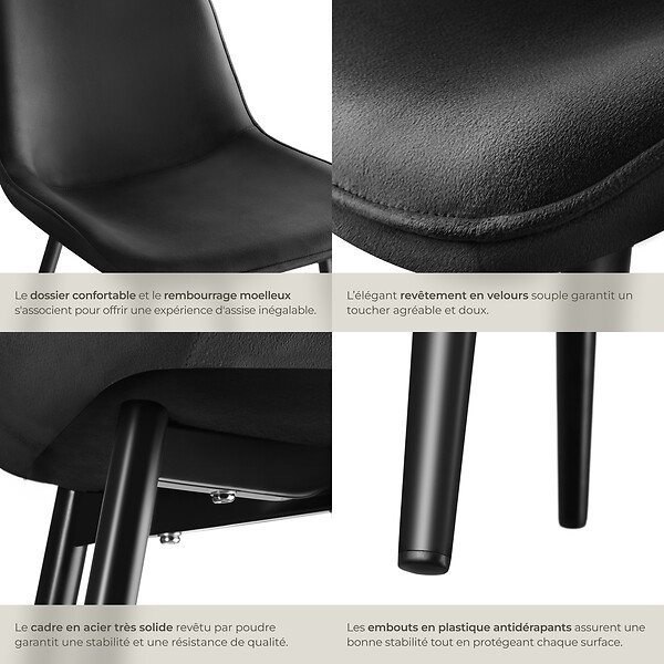 TECTAKE - Lot de 6 chaises Rembourrées aspect velours assise Ergonomique noir - large