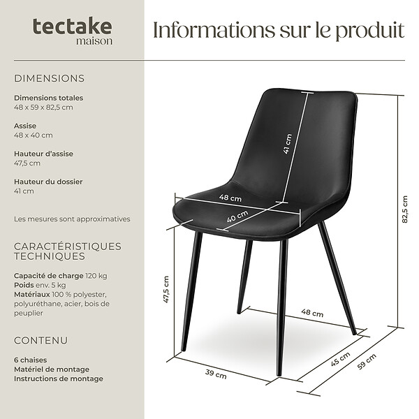 TECTAKE - Lot de 6 chaises Rembourrées aspect velours assise Ergonomique noir - large