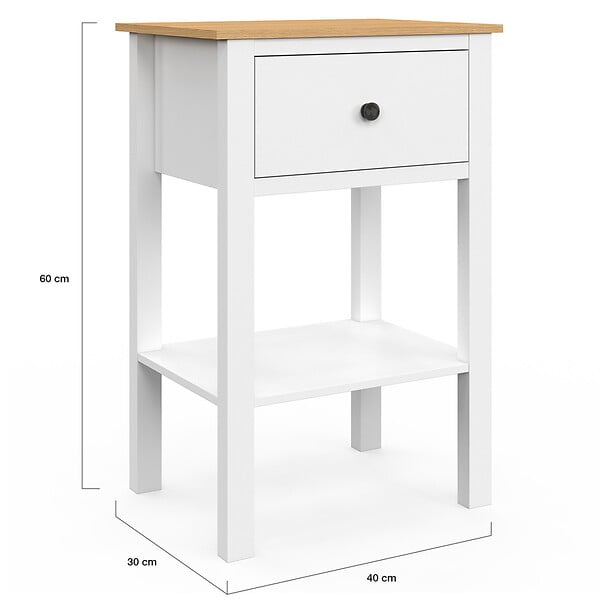 ID MARKET - Lot de 2 tables de chevet ACHILLE 1 tiroir et 1 tablette blanc et plateau bois - large