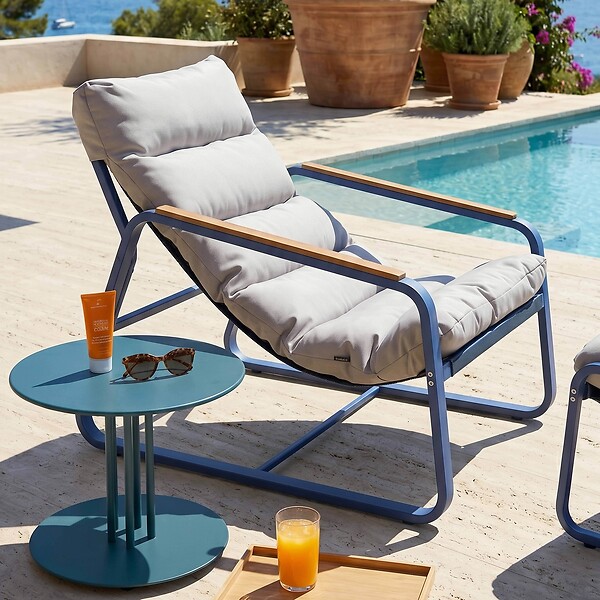 OVIALA - Fauteuil relax en acier et textilène avec repose-pieds bleu pacific - Sotia - large