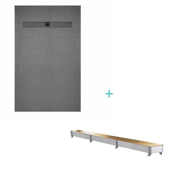 AURLANE - Receveur de Douche à Carreler 120x80cm à Ecoulement Linéaire - Grille finition Or Brossé et Bonde - large
