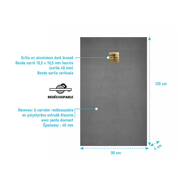 AURLANE - Receveur de Douche à Carreler 120x90cm avec Bonde à Sortie Verticale - Grille Finition Or Brossé - large