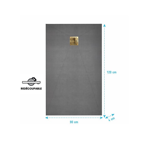 AURLANE - Receveur de Douche à Carreler 120x90cm avec Bonde à Sortie Verticale - Grille Finition Or Brossé - large