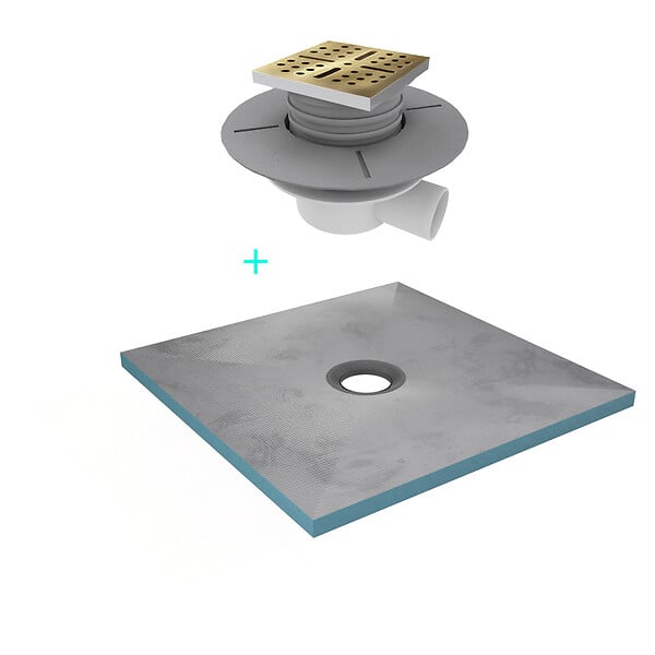 AURLANE - Receveur de Douche à Carreler 90x90cm avec Bonde à Sortie Horizontale - Grille Finition Or Brossé - large