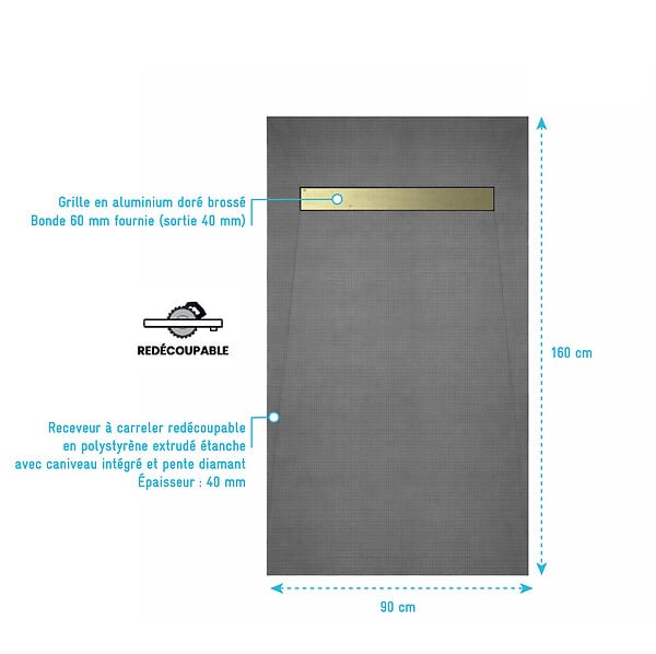 AURLANE - Receveur de douche à carreler 160x90 cm avec bonde écoulement linéaire - Grille finition or brossé - large