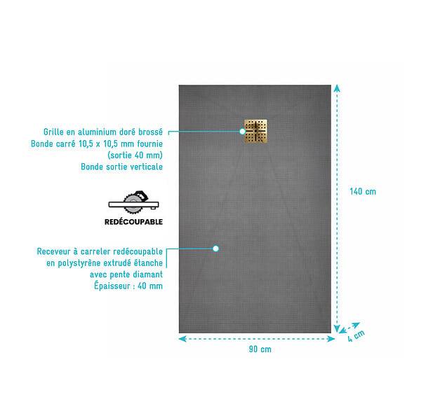 AURLANE - Receveur de Douche à Carreler 140x90cm avec Bonde à Sortie Verticale - Grille Finition Or Brossé - large