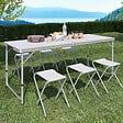ID MARKET - Table de camping pliante réglable en hauteur 160 cm et 6 tabourets blancs - vignette