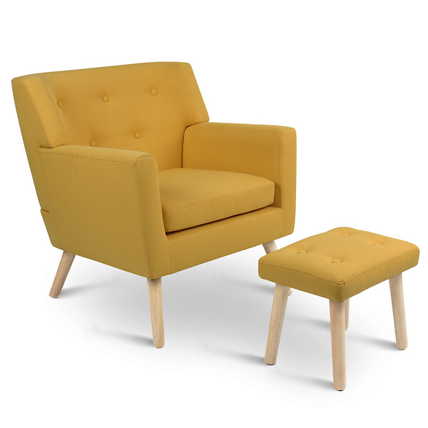 ID MARKET - Fauteuil scandinave LIV avec repose pieds en tissu jaune - large