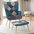 ID MARKET - Fauteuil scandinave IVAR avec repose pieds en tissu patchwork et velours bleu - vignette