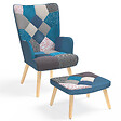 ID MARKET - Fauteuil scandinave IVAR avec repose pieds en tissu patchwork et velours bleu - vignette