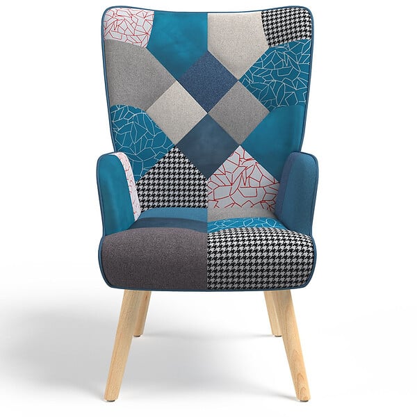 ID MARKET - Fauteuil scandinave IVAR avec repose pieds en tissu patchwork et velours bleu - large