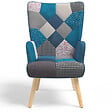 ID MARKET - Fauteuil scandinave IVAR avec repose pieds en tissu patchwork et velours bleu - vignette