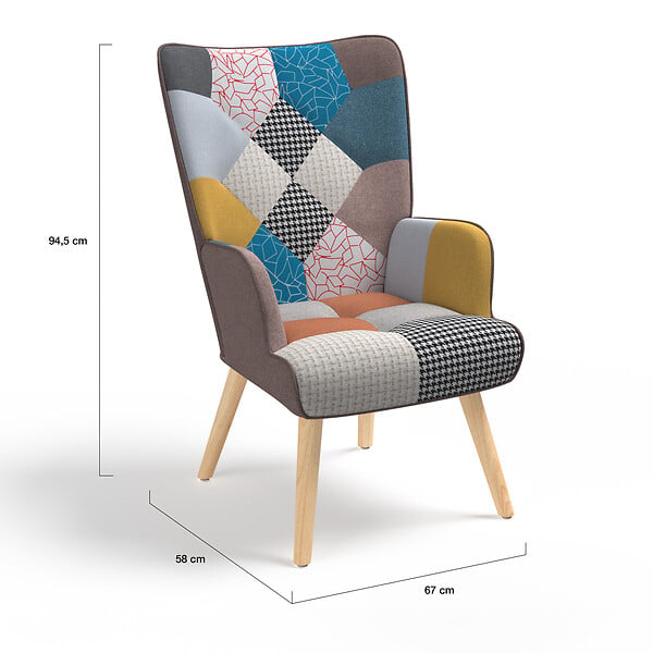 ID MARKET - Fauteuil scandinave IVAR en tissu patchwork multicouleurs - large