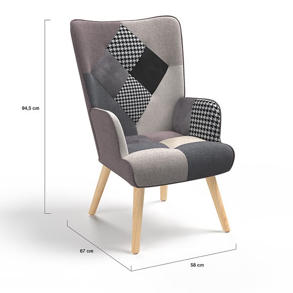 ID MARKET - Fauteuil scandinave IVAR en tissu patchwork noir, gris et blanc - large