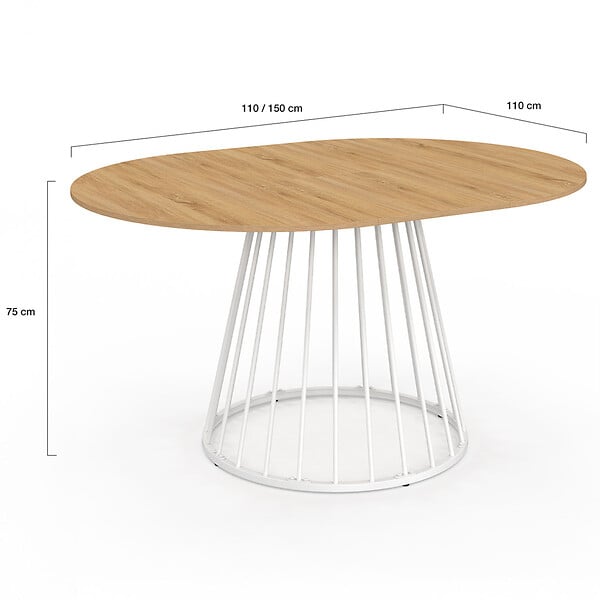 ID MARKET - Table à manger extensible ronde YUNA 4-8 personnes plateau bois et pied filaire en métal blanc 110 - 150 cm - large