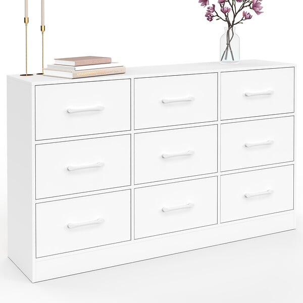ID MARKET - Commode 9 tiroirs en tissu UPPAH 113 cm meuble de rangement bois blanc - large