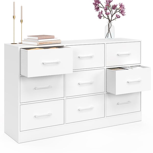 ID MARKET - Commode 9 tiroirs en tissu UPPAH 113 cm meuble de rangement bois blanc - large