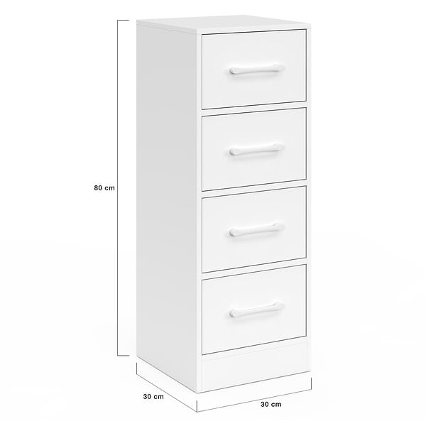 ID MARKET - Meuble d'appoint 4 tiroirs UPPAH 30 cm chiffonnier, meuble de rangement bois blanc - large