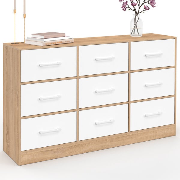 ID MARKET - Commode 9 tiroirs en tissu UPPAH 113 cm meuble de rangement bois façon hêtre et blanc - large
