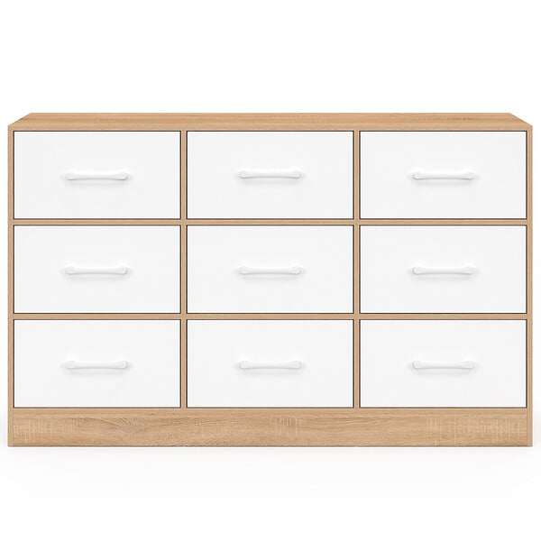 ID MARKET - Commode 9 tiroirs en tissu UPPAH 113 cm meuble de rangement bois façon hêtre et blanc - large