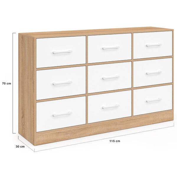 ID MARKET - Commode 9 tiroirs en tissu UPPAH 113 cm meuble de rangement bois façon hêtre et blanc - large