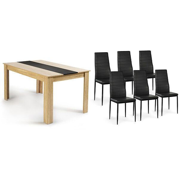 ID MARKET - Ensemble table à manger GEORGIA 140 cm imitation hêtre et noire et 6 chaises ROMANE noires - large