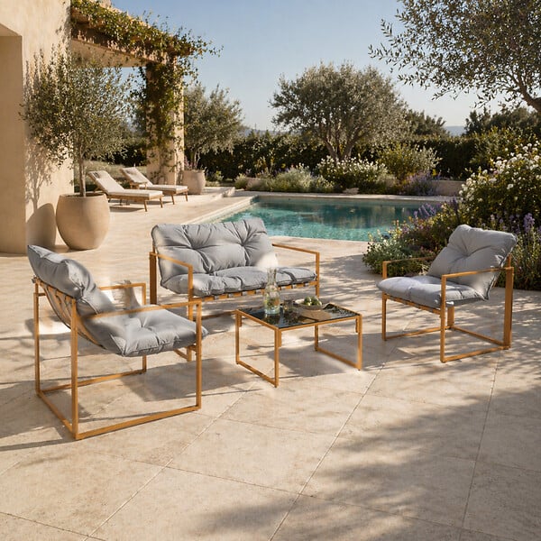CONCEPT USINE - Salon de jardin 4 places contemporain brun et coussins gris RABAT - large
