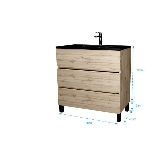 AURLANE - Meuble de salle de bains 80 cm 3 Tiroirs Chêne Naturel + Vasque Céramique Noire - TIMBER - large